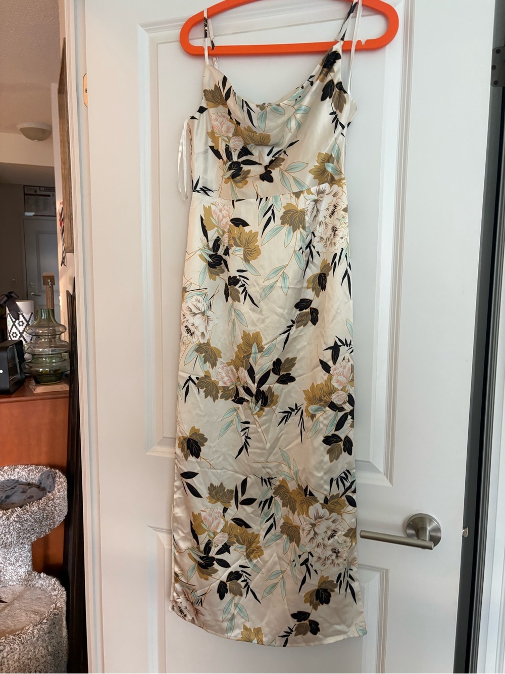 Minuet Petite Floral Satin Maxi Dress in Cream, Gold and Black